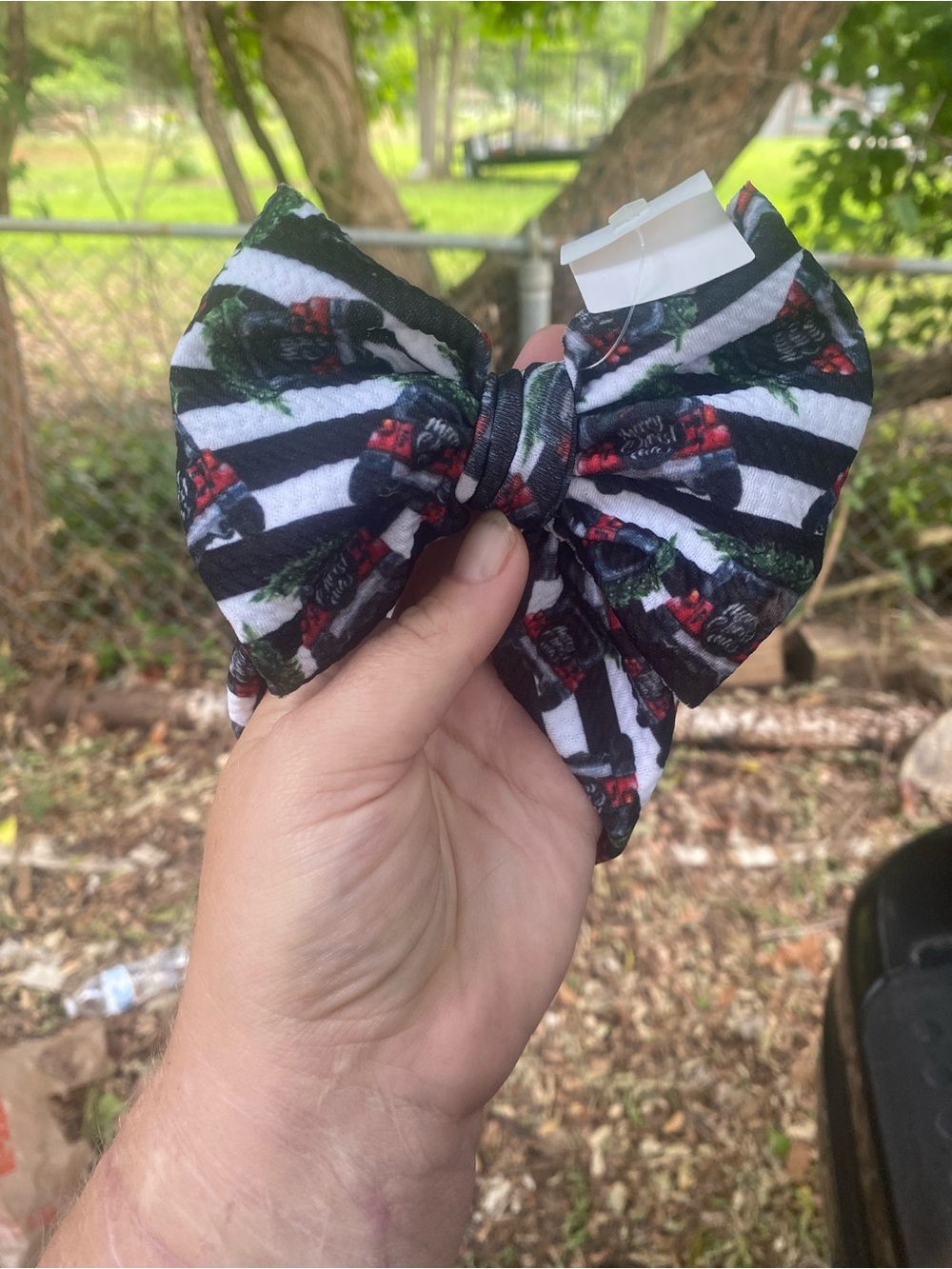 Striped Black & White Holiday jeep Print Kids Hair Bow